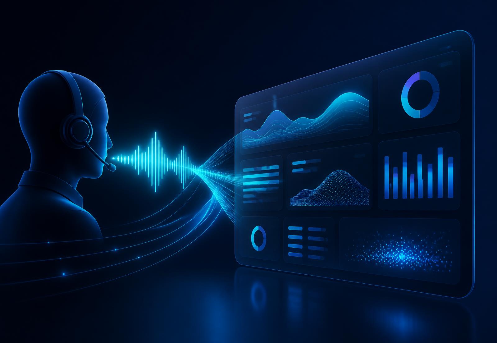 AI Call Center voice waveform feeding a live analytics dashboard