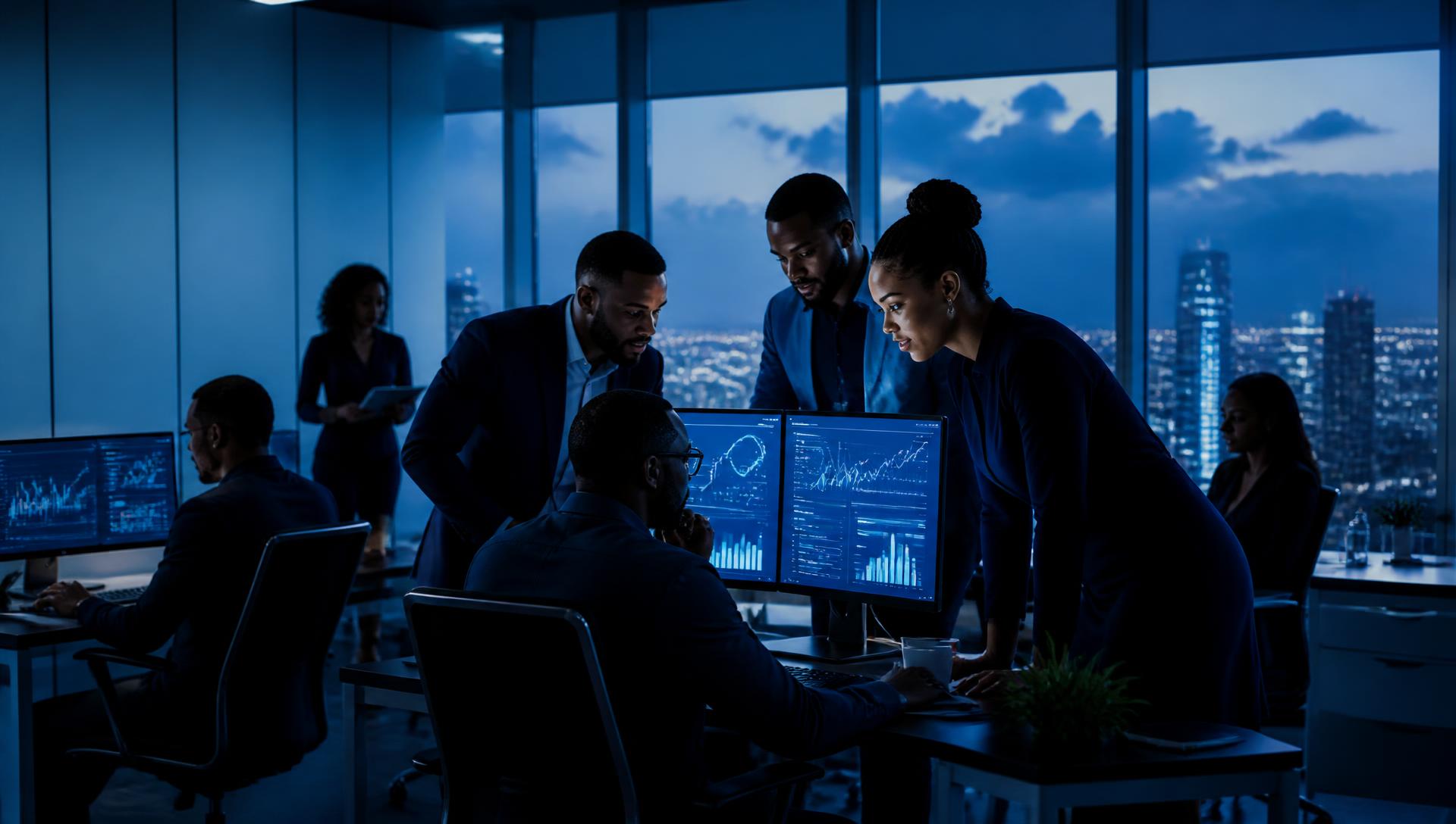 SkytLabs consultants reviewing analytics dashboards in a Lagos office at dusk